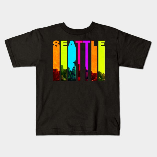 Retro Seattle Washington Cityscape Skyline Kids T-Shirt by phughes1980